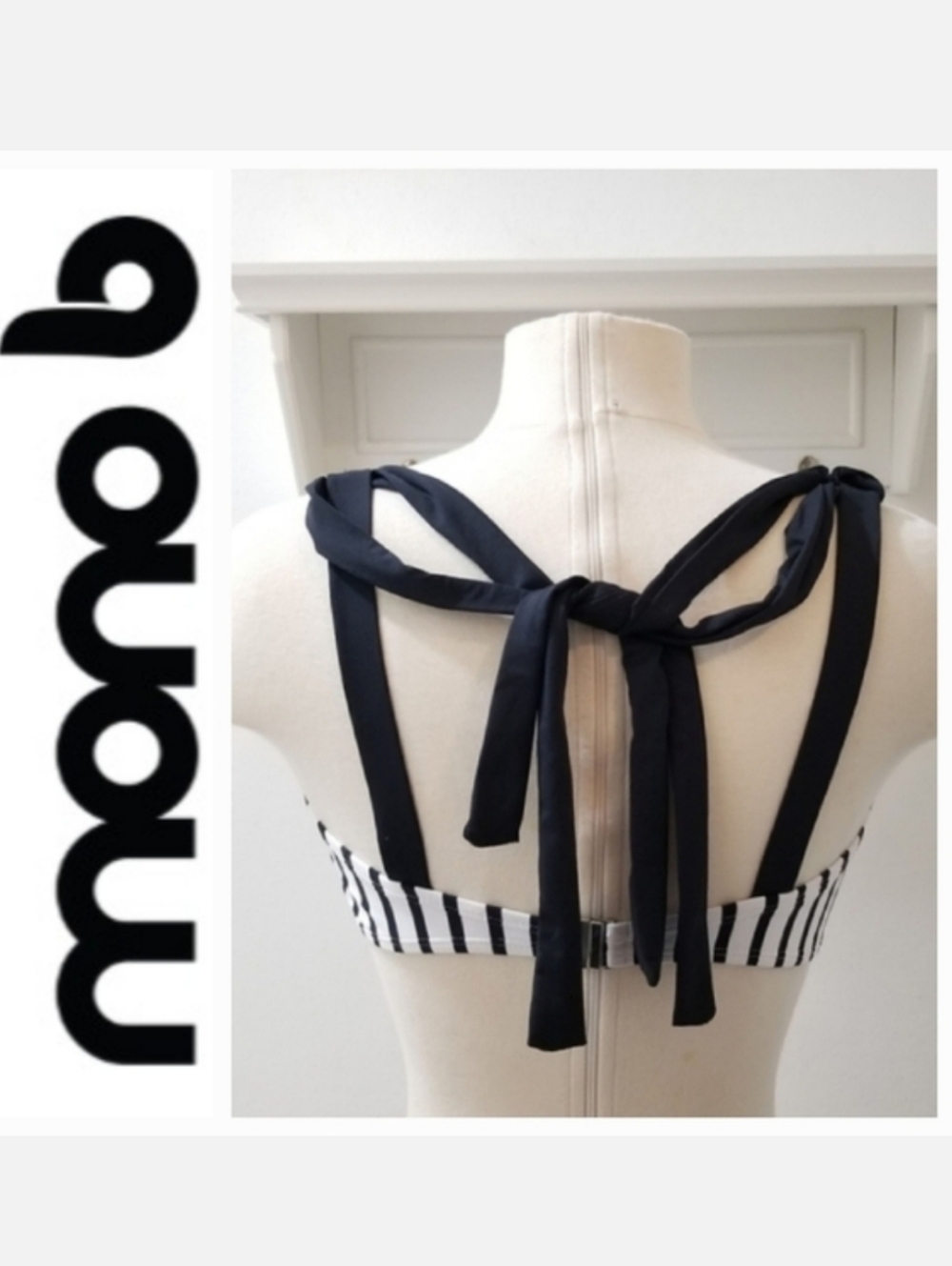 Mono B Multi Strap Bikini Top Sz L NWT Dark Navy Stripe